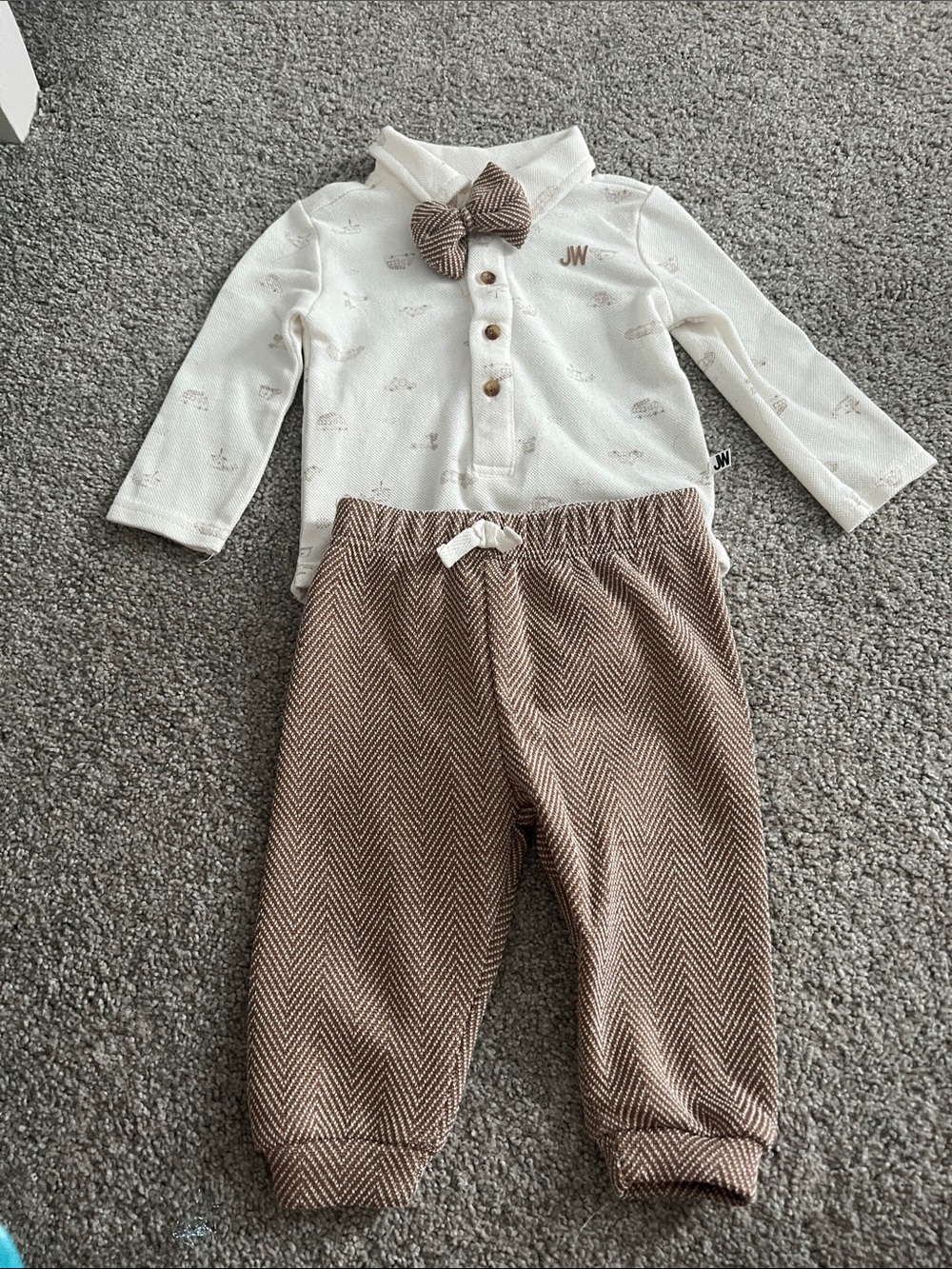 Jason Wu Kids Two-Piece Cream Top and Brown Herringbone Pants Set with Bow